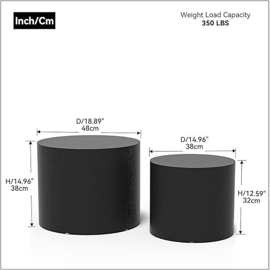 Nesting Coffee Table Set of 2, Modern Round Coffee Table with Non-Slip Feet, Wooden Circle Accent Tables for Small Spaces Living Room Bedroom Balcony Office Drum Side Table (Black)
