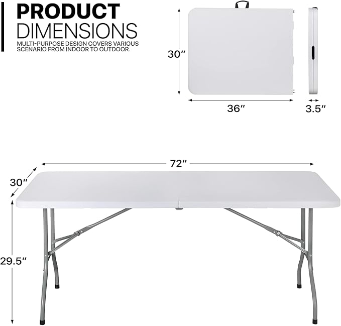 MoNiBloom 6Ft Folding Table, Heavy Duty Portable Plastic Dining Tables Fold in Half Indoor Outdoor Desk w/Handle, Lock for Camping Picnic Party, White