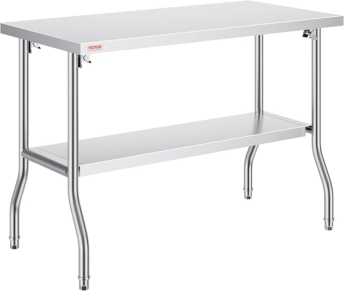 VEVOR Commercial Worktable Workstation 48 x 24 Inch Folding Commercial Prep Table, Heavy-duty Stainless Steel Folding Table with 772 lbs Load, Kitchen Work Table, Silver Stainless Steel Kitchen Island