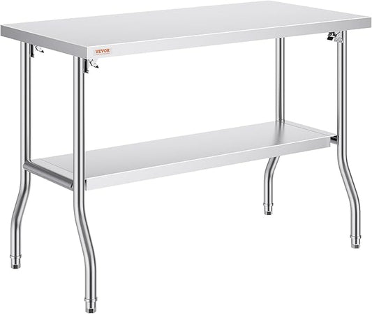 VEVOR Commercial Worktable Workstation 48 x 24 Inch Folding Commercial Prep Table, Heavy-duty Stainless Steel Folding Table with 772 lbs Load, Kitchen Work Table, Silver Stainless Steel Kitchen Island