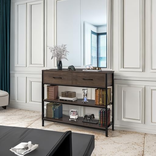 HITHOS Industrial Console Table with Drawers, Vintage Hallway Foyer Table with Storage Shelves, Narrow Long Sofa Entryway Table for Living Room, Dark Brown
