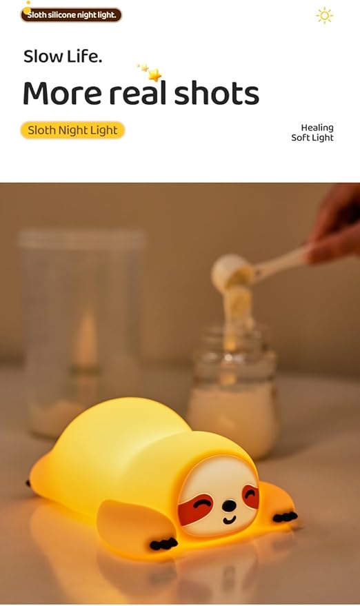 Cute Sloth Night Light, Animal Lamp, Food Grade Silicone, Rechargeable, 3 Level Dimmable, Squishy Nursery Nightlight for Desk Decor, Funny Gifts Stuff for Boys Girls Baby, White Elephant Gifts
