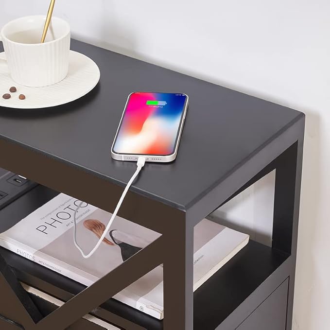 Fully Assembled Narrow Side Table with Charging Station, No Assembly Narrow Nightstand with USB Ports, Pre Assembled Skinny End Table with Outlets for Living Room, Bedroom-Black