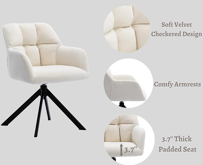 EALSON Comfy Velvet Desk Chair Modern Computer Task Chair no Wheels Swivel Accent Chair with Mid Back Arm Chair for Living Room/Bedroom/Home Office(Beige)