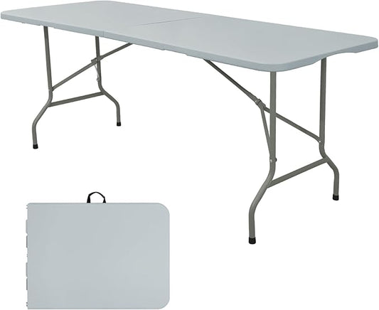 Folding Table 6 FT Camping Table Portable Plastic Rectangular Outdoor Dining Table Steel Legs Fold-in-Half with Carrying Handle for Indoor,Picnic,Party,Wedding,Events(Grey)