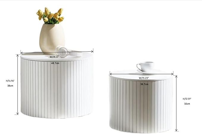 KEVINSPACE Small Coffee Table Nesting EndTable Set of 2, Round CoffeeTable with Storage Function Wood SideTable Circle Accent Tables for Small Spaces Living Room Bedroom Balcony Office White