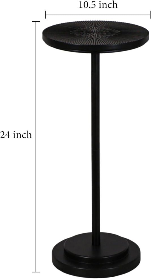 Drink Table, Carved Table Top Martini Table, Small Side Table, Weighted Base Pedestal Table for Living Room, Bedroom, Modern, Black, 1-Pack