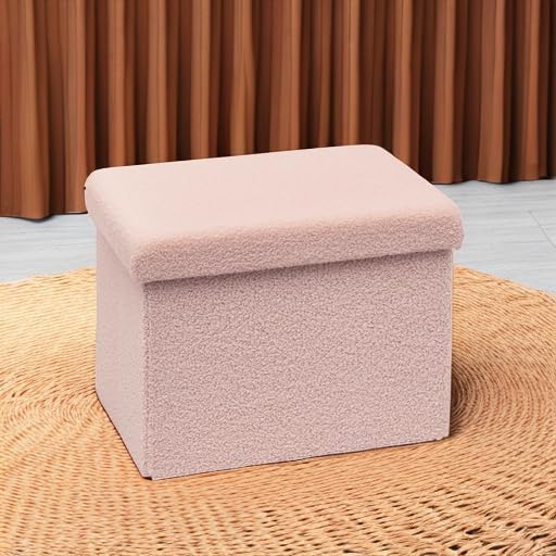 B FSOBEIIALEO Storage Ottoman Cube Small Sherpa Ottoman Foot Rest, Foldable Portable Boucle Ottomans, Faux Teddy Fur, Pink 16.5"x12.6"x12.6"