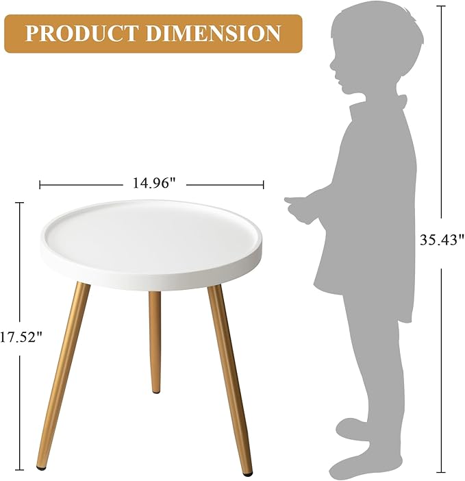 danpinera Round Side Table, Metal Legged Accent Table with Wooden Tray, Small Round End Table for Living Room, Bedroom, Nursery, White & Gold