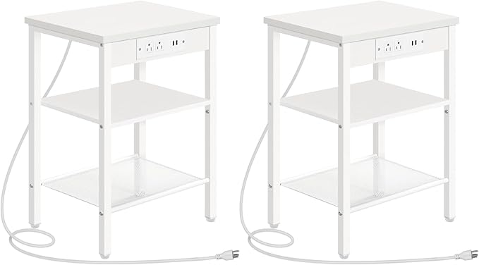 HOOBRO Side Tables Set of 2 with Charging Station and USB Ports, Small End Tables for Small Space, 3-Tier Nightstands with Adjustable Shelf, for Living Room, Bedroom and Balcony, White WW112BZP201