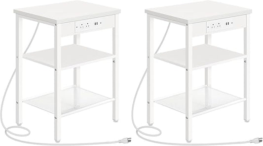 HOOBRO Side Tables Set of 2 with Charging Station and USB Ports, Small End Tables for Small Space, 3-Tier Nightstands with Adjustable Shelf, for Living Room, Bedroom and Balcony, White WW112BZP201