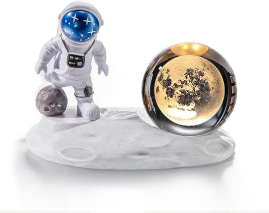 3D Astronaut Crystal Ball Night Light, 3D Inner Carved Crystal Ball Night Lamp, Glowing Crystal Ball with LED Light Base, Color Changing Light & Kids Birthday Gift (Blue, Moon)