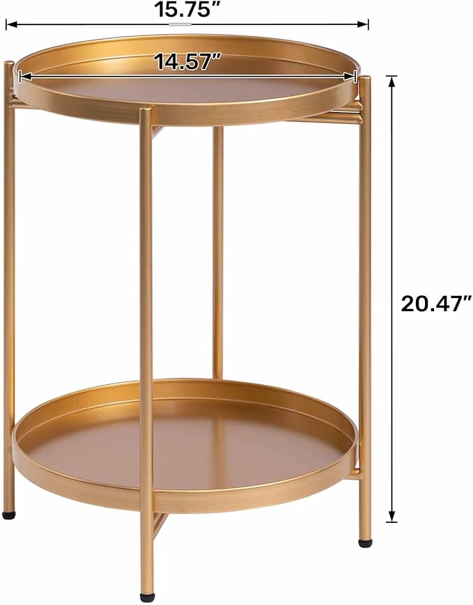 HollyHOME 2-Tier Round Gold Side Table, Outdoor Small Folding Accent Stand with Removable Tray, Anti-Rust Metal Asional Table for Balcony Patio Living Room, Nightstand for Bedroom(Gold)