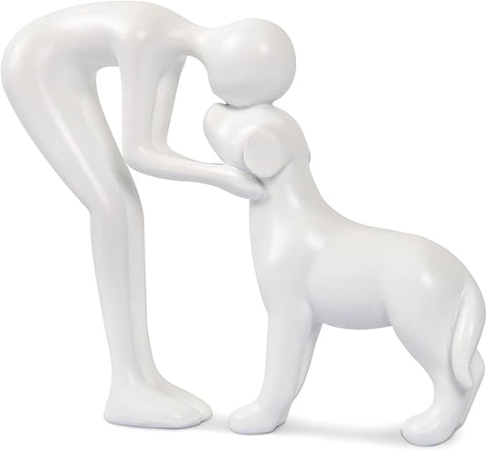 Dog Sculpture Home Decor Cute Man and Dog Statue Decoration for Office、Living Room、Bedroom、Home， Memory Gifts for Pet Lovers (White)