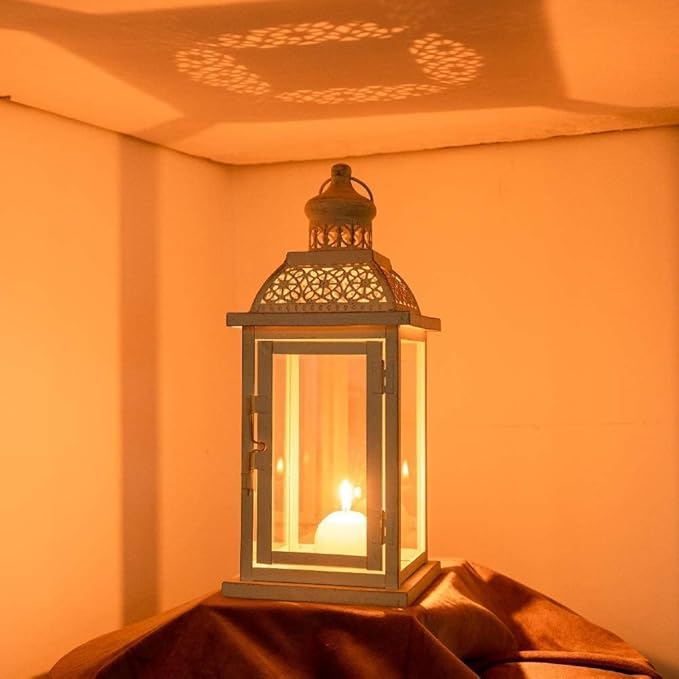 DECORKEY Lantern Decorative Indoor&Outdoor, 2 Pack 14.4'' Large Metal Candle Lanterns, Vintage Hanging Candle Holders for Farmhouse Wedding Front Porch Patio, Halloween Christmas Decorations for Home