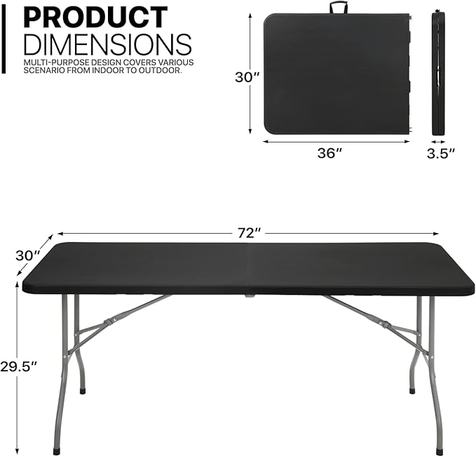 MoNiBloom 6Ft Folding Table, Heavy Duty Portable Plastic Dining Tables Fold in Half Indoor Outdoor Desk w/Handle, Lock for Camping Picnic Party, Black