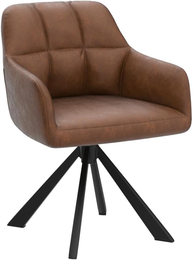 EALSON Comfy Leather Desk Chair Modern Computer Task Chair no Wheels Swivel Accent Chair with Mid Back Arm Chair for Living Room/Bedroom/Home Office, PU Brown