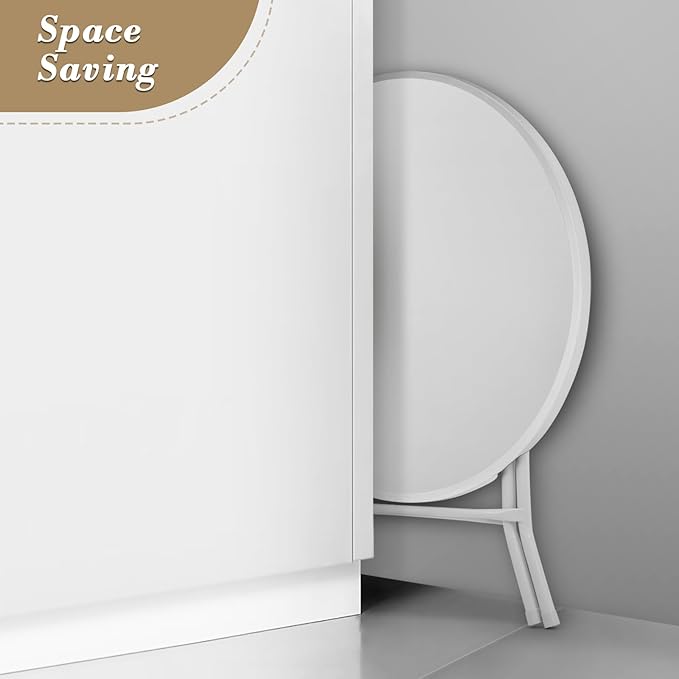 Athena Collection 2.6ft Plastic Folding Dining Table, Portable Round Card Table with Steel Legs for Indoor Outdoor, Foldable Heavy Duty for Camping Party, White