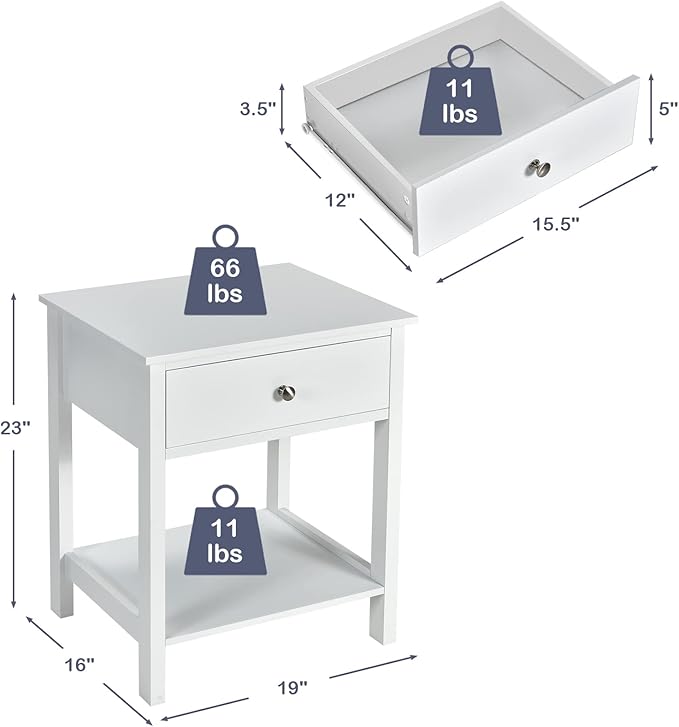 Giantex Nightstand Set of 2, Wood End Table with Drawer and Open Shelf, Night Stand for Small Spaces, 2-Tier Bedside Table for Living Room Bedroom Dorm, Easy Assembly, White