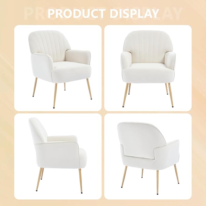 Velvet Accent Chair, Modern Upholstered Living Room Chairs, Luxury Single Sofa Armchair with Metal Legs, Comfy Barrel Chairs for Living Room, Bedroom, Waiting Room, Office and Cafe, Beige