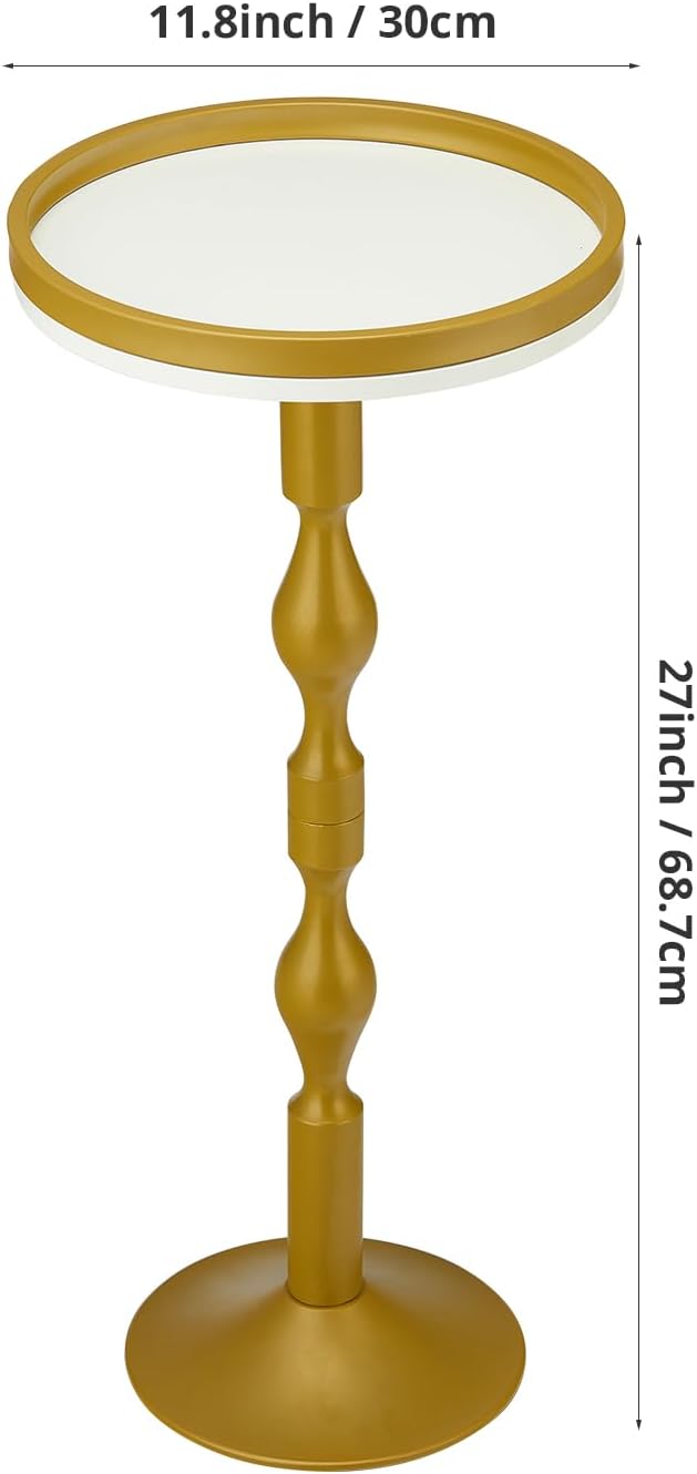 Small Round Drink Table,Pedestal Tables,Small Round Side Table for Narrow Spaces,End Table for Living Room, Bedroom, Bathroom,Balcony (White Gold)