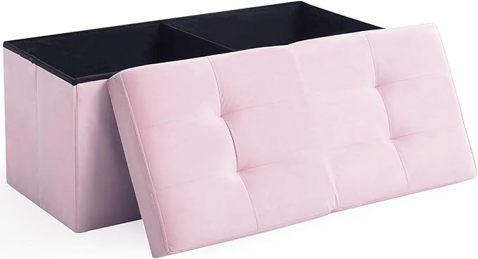 CUYOCA Storage Ottoman Bench Foldable Seat Footrest Shoe Bench End of Bed Storage with Flipping Lid, 75L Storage Space, 30 inches Velvet Pink