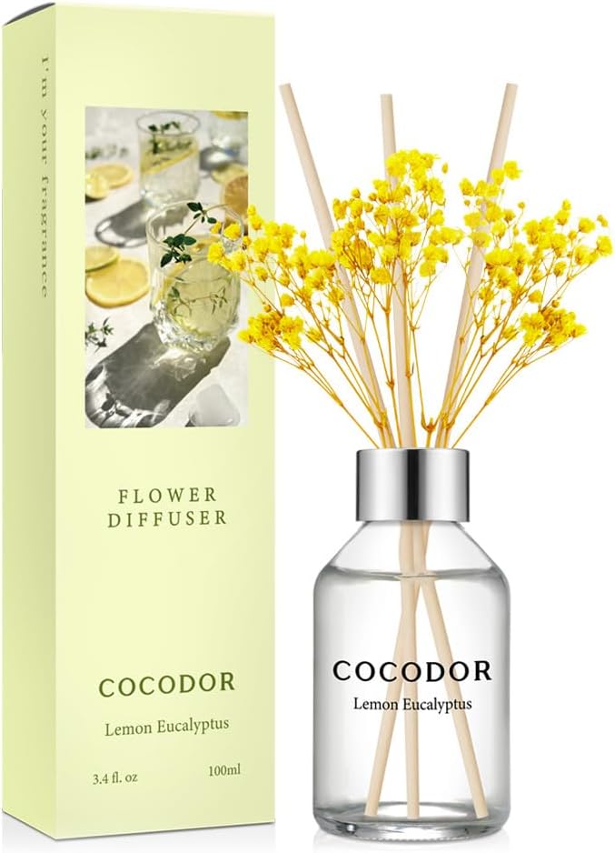 COCODOR Flower Reed Diffuser Set / 3.4oz / Lemon Eucalyptus/Scent Diffuser with Sticks Home Fragrance Reed Diffuser for Bathroom Shelf Decor