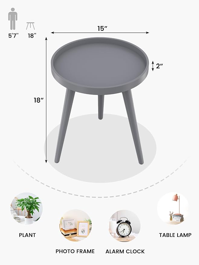 Apicizon Round Grey Side Table, Tray Nightstand Coffee End Table for Living Room, Bedroom, Small Spaces, Easy Assembly Bedside Table, 15 x 18 Inches