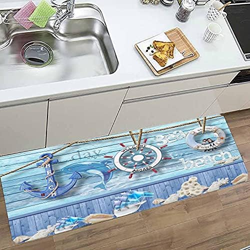 Bath Rugs Sponge Foam Absorbent Soft for Bathroom and Kitchen (47x18 inches), Flannel Mat Non Slip Bright 3D Print for Bedside and Living Room(Nautical Anchor Helmsman)