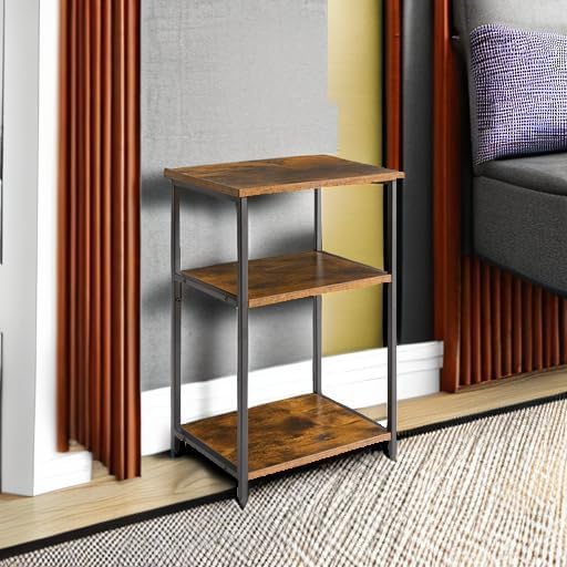 IBUYKE Side Table,3-Tier End Table, Industrial Nightstand Small Table with Storage Shelf, for Bedroom, Living Room, Hallway, Rustic Brown UTMJ402H