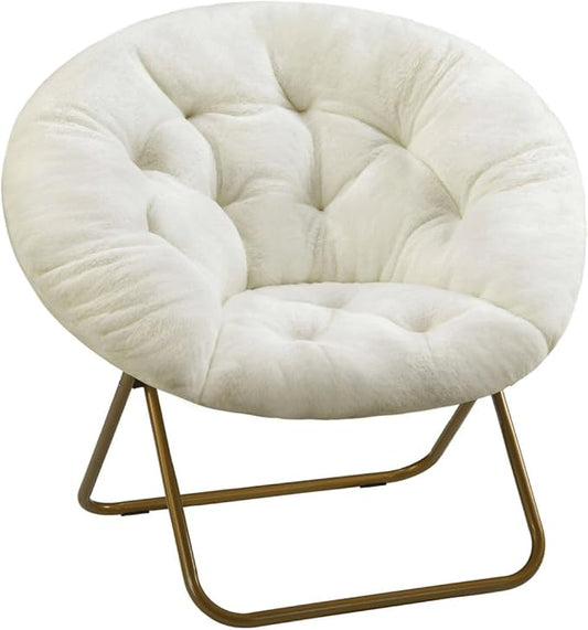 Comfortable Cozy Faux Fur Disc Chair Foldable Feature for Bedroom, Living Room and Dorm, Adult-Sized Relaxation, White