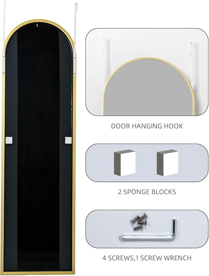 16" x 50" Adjustable Height Over The Door Mirror, Full Length Hanging Door Mirror with Shatterproof Tempered Glass Aluminum Alloy Frame for Bedroom, Living Room, Bathroom, Dorm, Gold