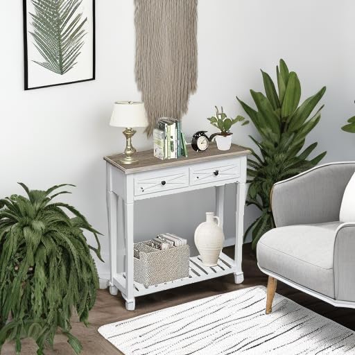 kinbor Entryway Table - White Console Table with 2 Drawers, Narrow Small Console Table with Storage Shelf for Entryway, Living Room, Hallway, White