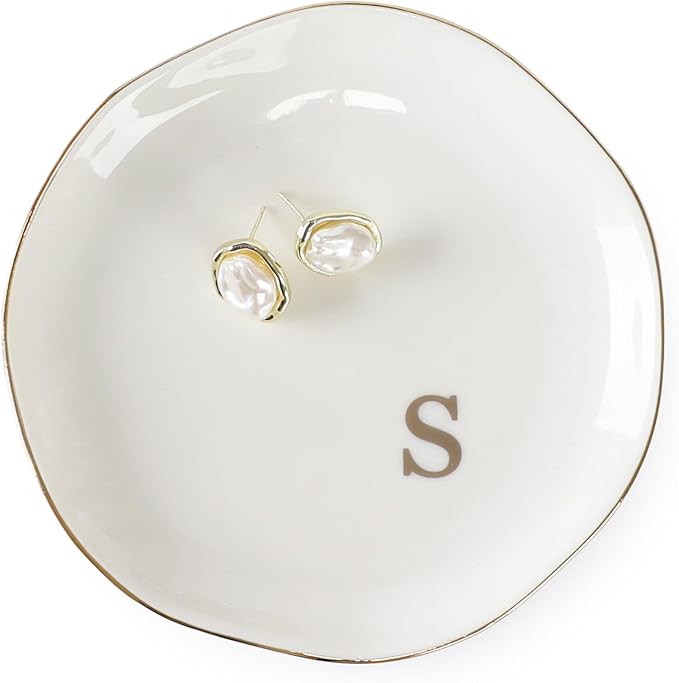 HOME SMILE Initials Ring Dish Jewery Tray with Personalized S-Monogrammed Engagement Wedding Gifts for Friends,Sister,Birthday Christmas Gifts for Women,Ceramic White