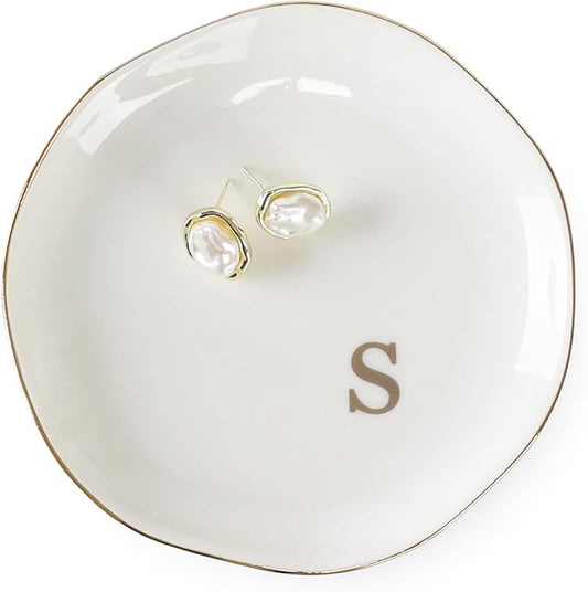 HOME SMILE Initials Ring Dish Jewery Tray with Personalized S-Monogrammed Engagement Wedding Gifts for Friends,Sister,Birthday Christmas Gifts for Women,Ceramic White