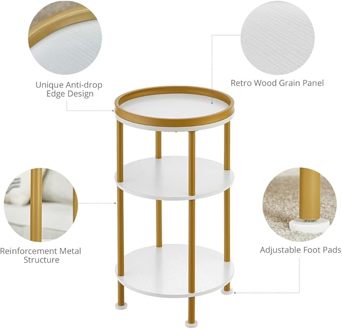 Small Round Side Table, Gold Round End Table with White Shelves, 3-Tier Modern Nightstand for Bedroom & Living Room, 21.7" H Narrow Gold Accent Table for Small Spaces, Dorm, Nursery (White & Gold)