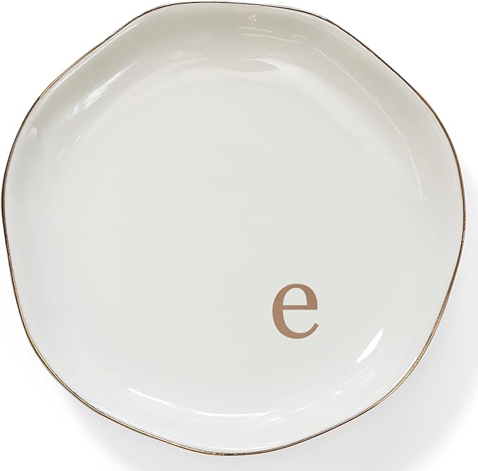 HOME SMILE Initials Ring Dish Jewery Tray with Personalized E-Monogrammed Engagement Wedding Gifts for Friends,Sister,Birthday Christmas Gifts for Women,Ceramic White