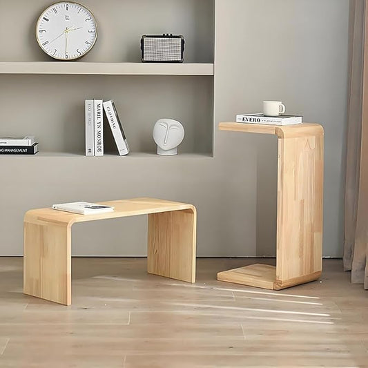 CHSSIH C Shaped End Table for Couch - Wooden Sofa Side Table, Slide Under Couch Table for Living Room, Bedroom, Laptop, Coffee, Small Space Narrow Furniture, Natural