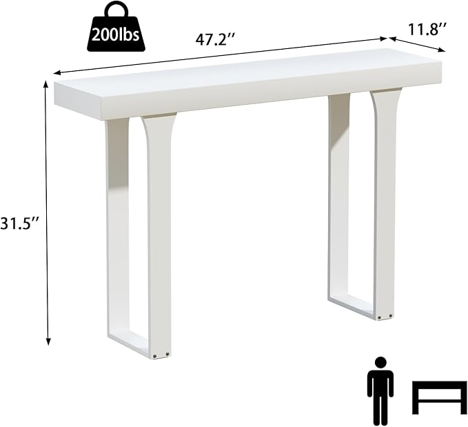 Bamboo 47.2" Narrow Console Table, Farmhouse Side Table, Wood Entryway Table, Modern Sofa Table Behind Couch with Storage Shelves for Entrance, Living Room, Hallway, Foyer (White)