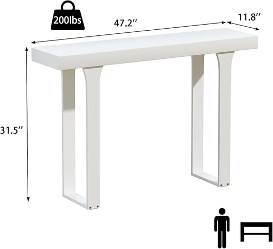 Bamboo 47.2" Narrow Console Table, Farmhouse Side Table, Wood Entryway Table, Modern Sofa Table Behind Couch with Storage Shelves for Entrance, Living Room, Hallway, Foyer (White)