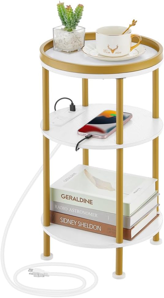 Small Round End Table with Charging Station, 3-Tier Accent Couch Beside Table with USB Ports & Power Outlets, Sofa Side Table for Living Room Small Nightstand Bedroom (USB Charger, White+Gold)