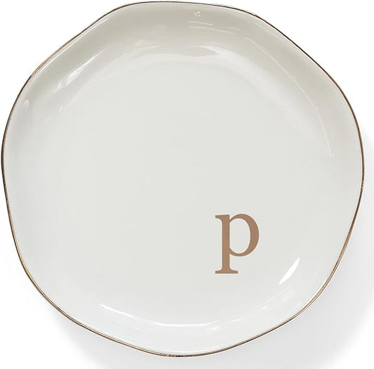 HOME SMILE Initials Ring Dish Jewery Tray with Personalized P-Monogrammed Engagement Wedding Gifts for Friends,Sister,Birthday Christmas Gifts for Women,Ceramic White