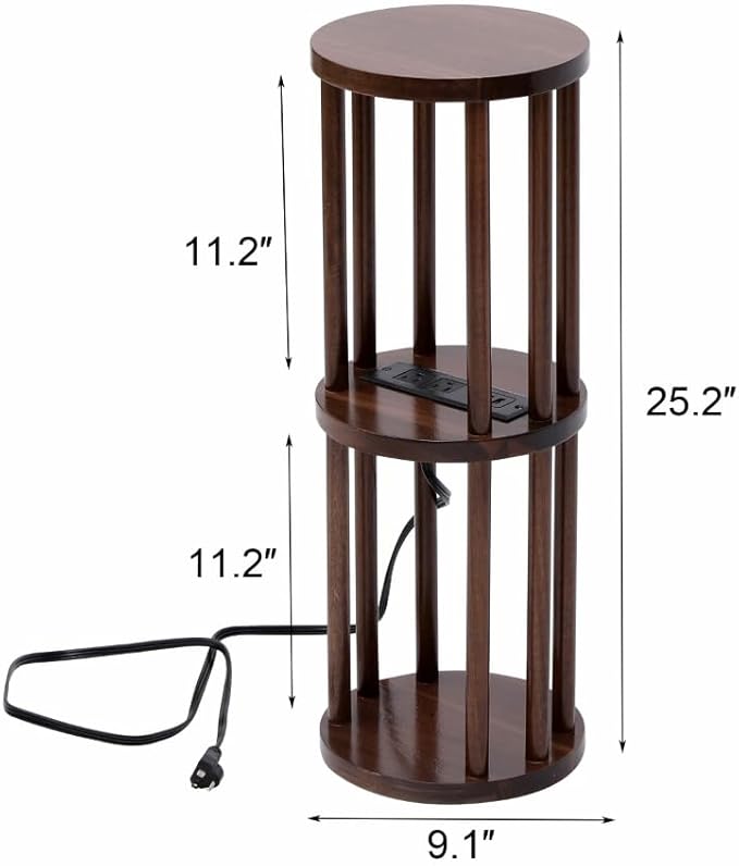 9 x25 Fully Assembled Walnut Wood Round Drink Table with Charging Station, Mid-Century Modern Circle Wood Accent Pedestal Table for Living Room or Small Bedroom Nightstand