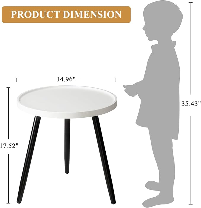 danpinera Round Side Table, Metal Legged Accent Table with Wooden Tray, Small Round End Table for Living Room, Bedroom, Nursery, White & Black