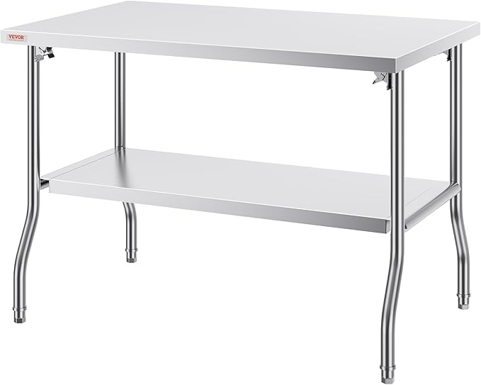 VEVOR Commercial Worktable Workstation 48x30 Inch Folding Commercial Prep Table, Double-Shelf Stainless Steel Folding Table, Kitchen Work Table with 772 lbs Load Silver Stainless Steel Kitchen Island