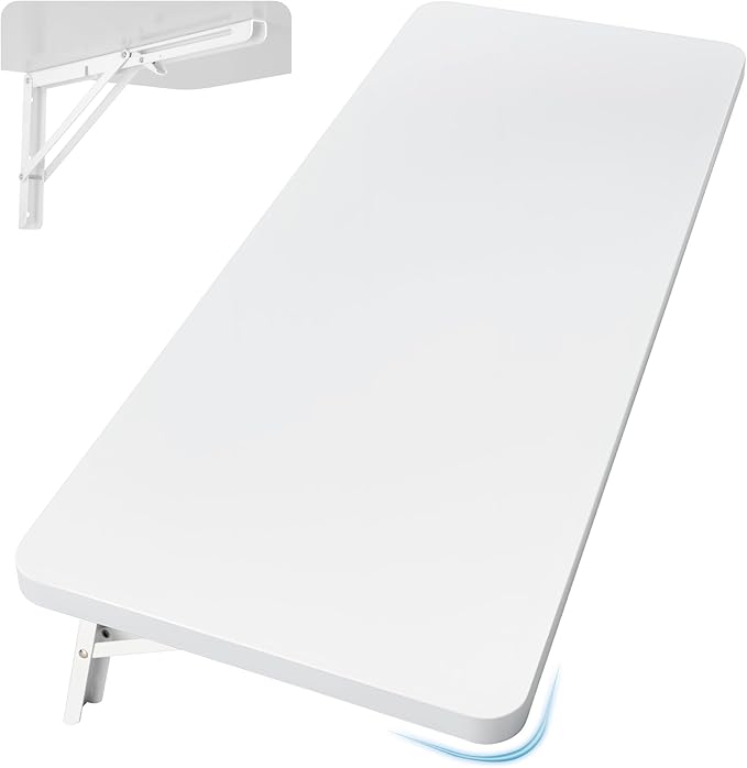 Wall Mounted Folding Table 39.4”L x 19.7”W, Laundry Folding Table with Heavy Duty Metal Collapsible Shelf Brackets, Wall Mounted Desk Fold Down for Small Spaces, White