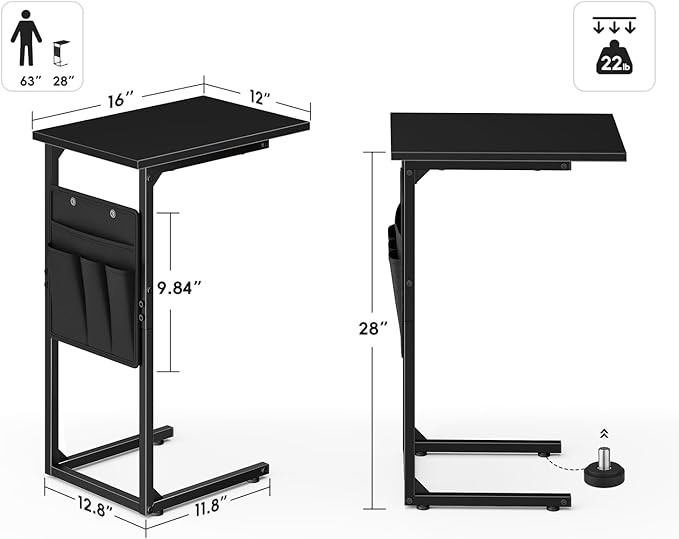 Vagusicc C Shaped End Table, Small Side Table for Couch, Couch Side Table Arm C Table for Sofa, TV Tray Slide Under Sofa Drink Table with Metal Frame for Living Room, Bedroom, Bedside, Black