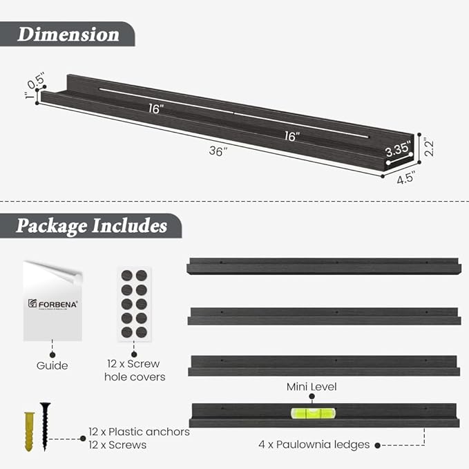 Forbena 36 Inch Photo Picture Ledge Shelf Set of 4, Black Floating Shelves with Lip for Wall, Narrow Long Wood Wall Shelf for Living Room Bedroom Office Classroom Library Books Album Frames Art Decor