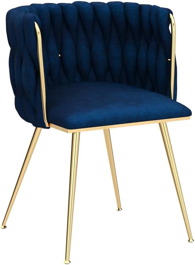 NIOIIKIT Modern Velvet Dining Chairs Hand Weaving Accent Chairs Living Room Chairs Upholstered Side Chair with Golden Metal Legs for Dining Room Kitchen Vanity Living Room (Navy)