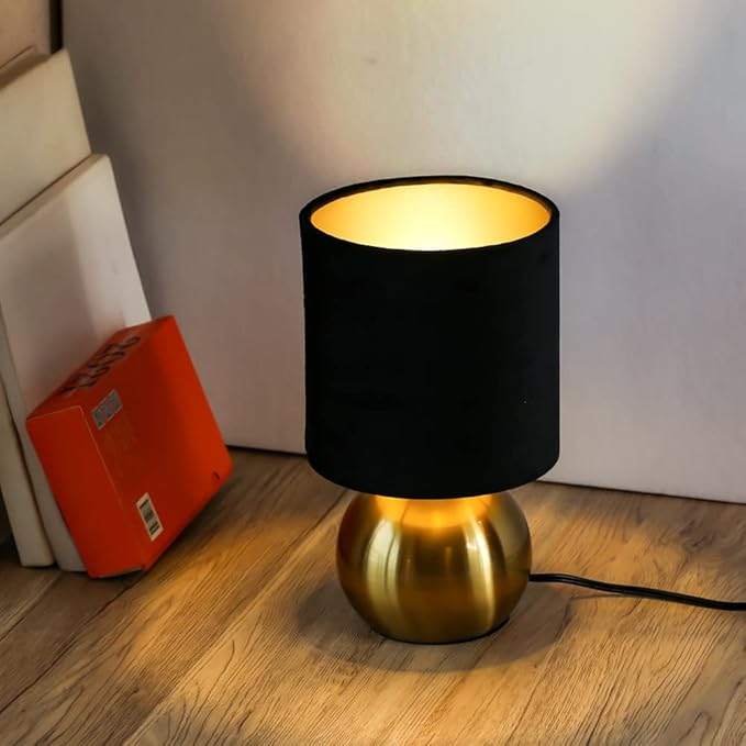 KUNJOULAM Small Bedside Lamp, Mid Century Lamp with Brass Base, Nightstand Table Lamp for Bedroom, Living Room, Bookshelf, Modern Accent Mini Table Lights Black Plastic Fabric Shade